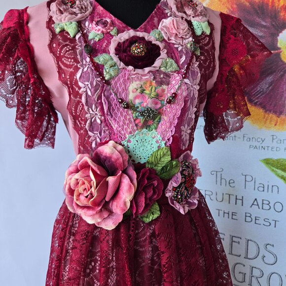 Burgundy Rose Dress Bejewelled Crystal and Velvet Millinery Roses OOAK - Sz Sm - Picture 4 of 8